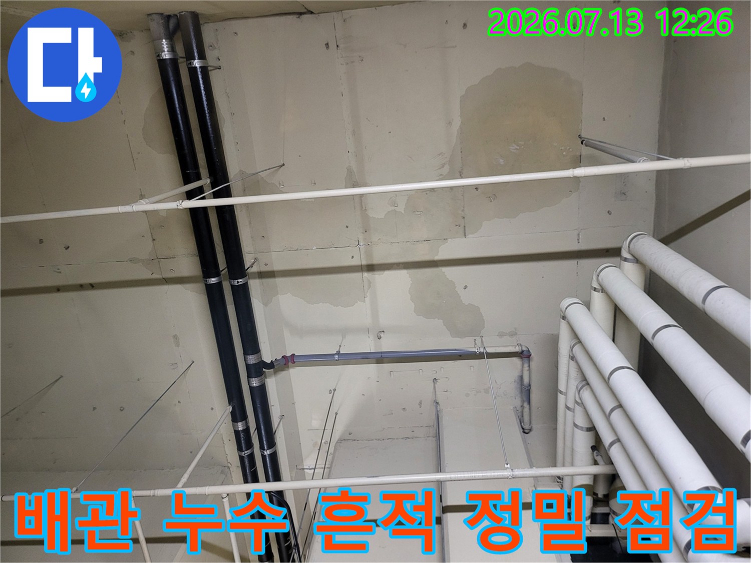 지하층 천장 배관 주변의 광범위한 물 자국과 오염