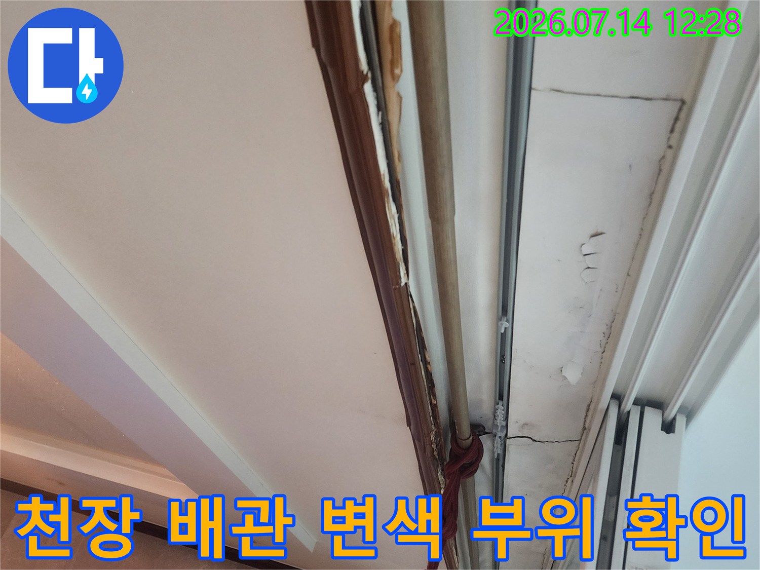 물에 젖어 변색된 천장 몰딩과 연결된 드레인 호스 상세 촬영