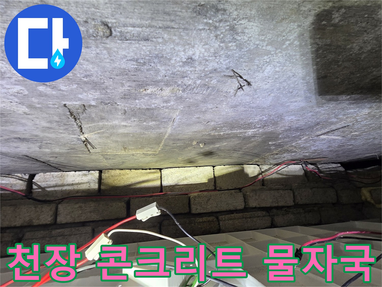 천장-콘크리트-면에-나타난-습윤한-얼룩과-균열