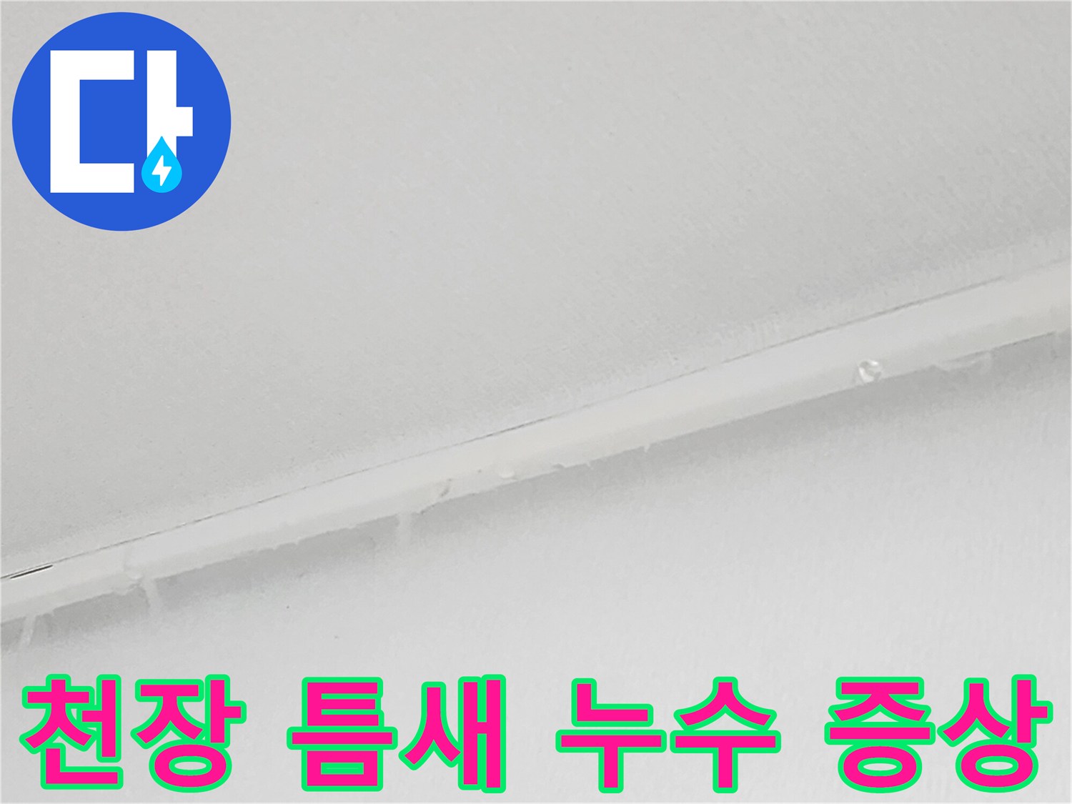 아랫집 거실 천장 - 이음새 부분에 집중된 물기 흔적과 습기