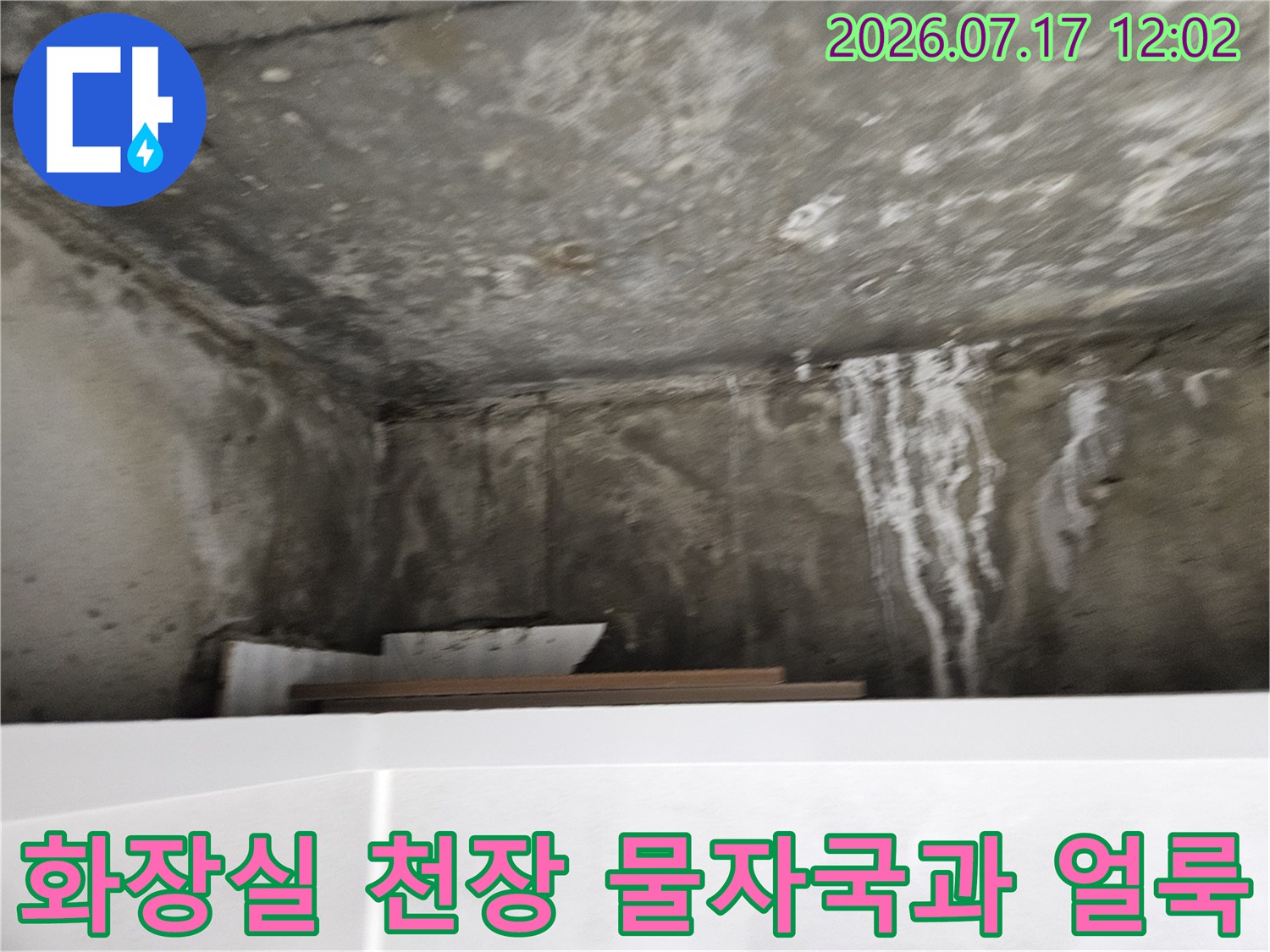 화장실 천장에 발생한 진한 세로형 누수 흔적과 습기 섞인 석고보드 상태