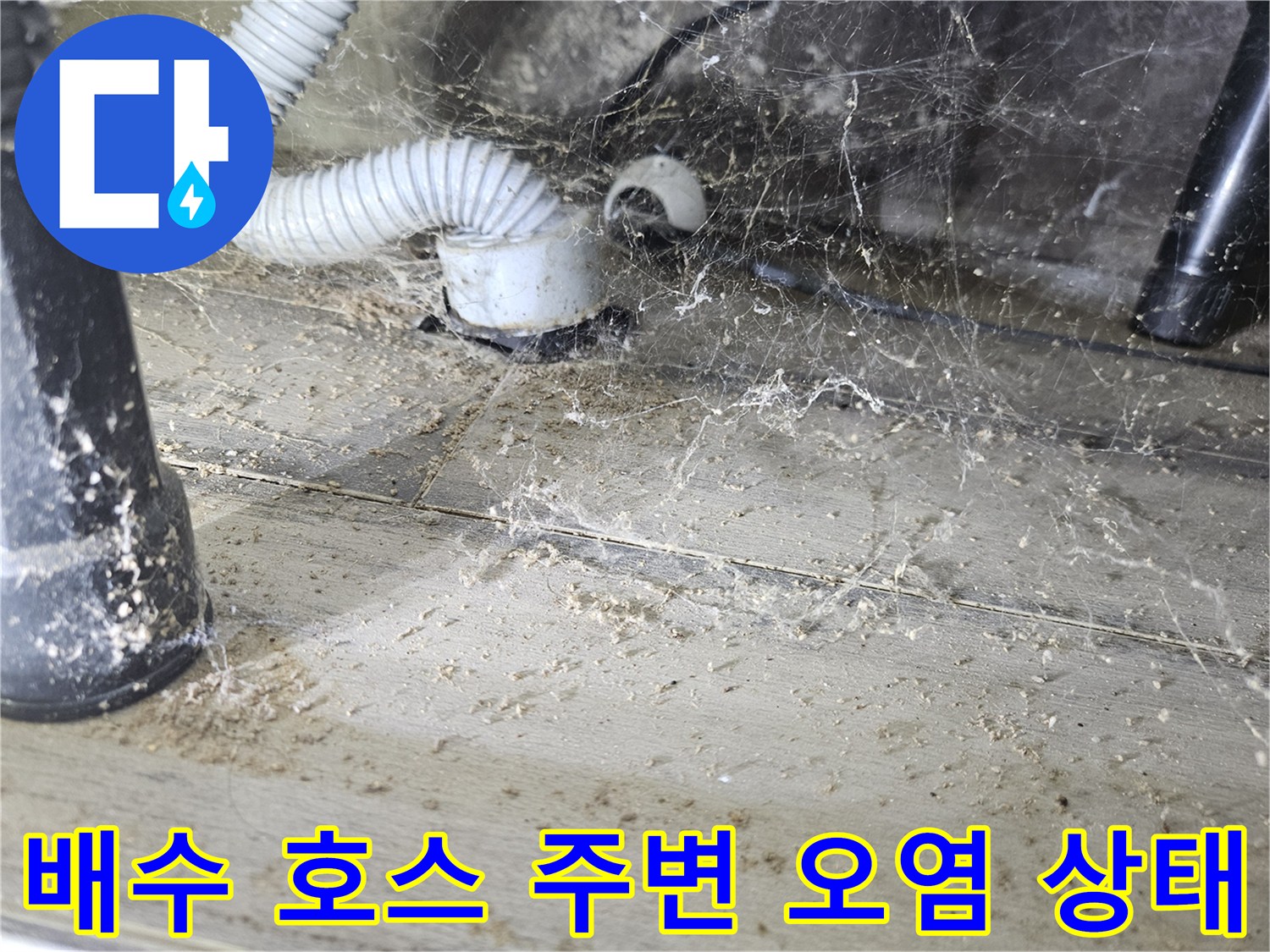 세탁기 배수관 주변의 먼지와 습기가 섞인 오염 부위입니다.