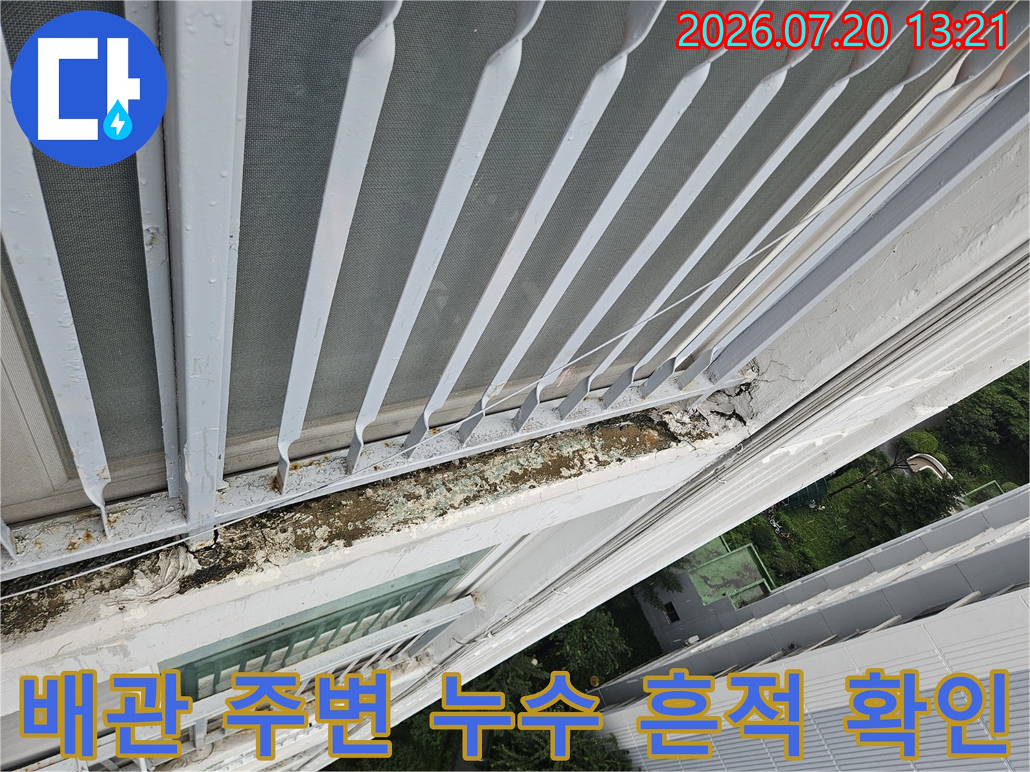 습기로 인해 변색된 천장 내부 배관과 마감재의 상태를 점검하는 모습