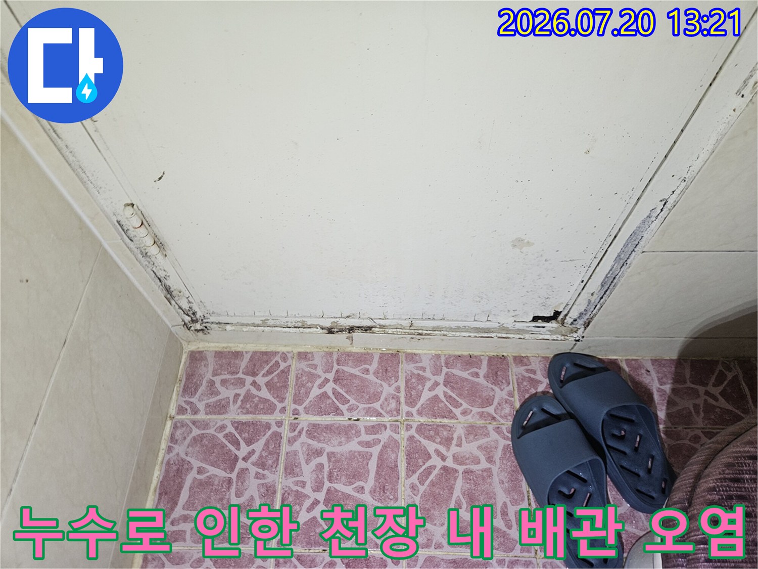 천장 속 누수가 진행된 배관 주변의 변색 및 습기 상태