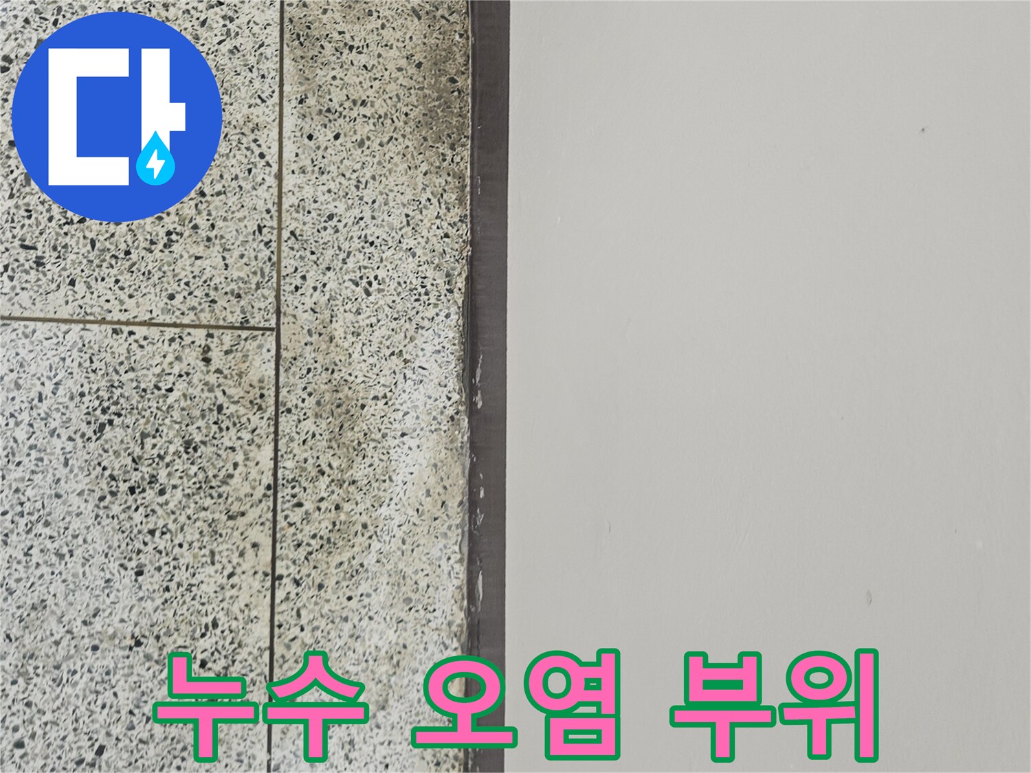천장과 타일 경계에 발생한 젖은 흔적 상세 사진