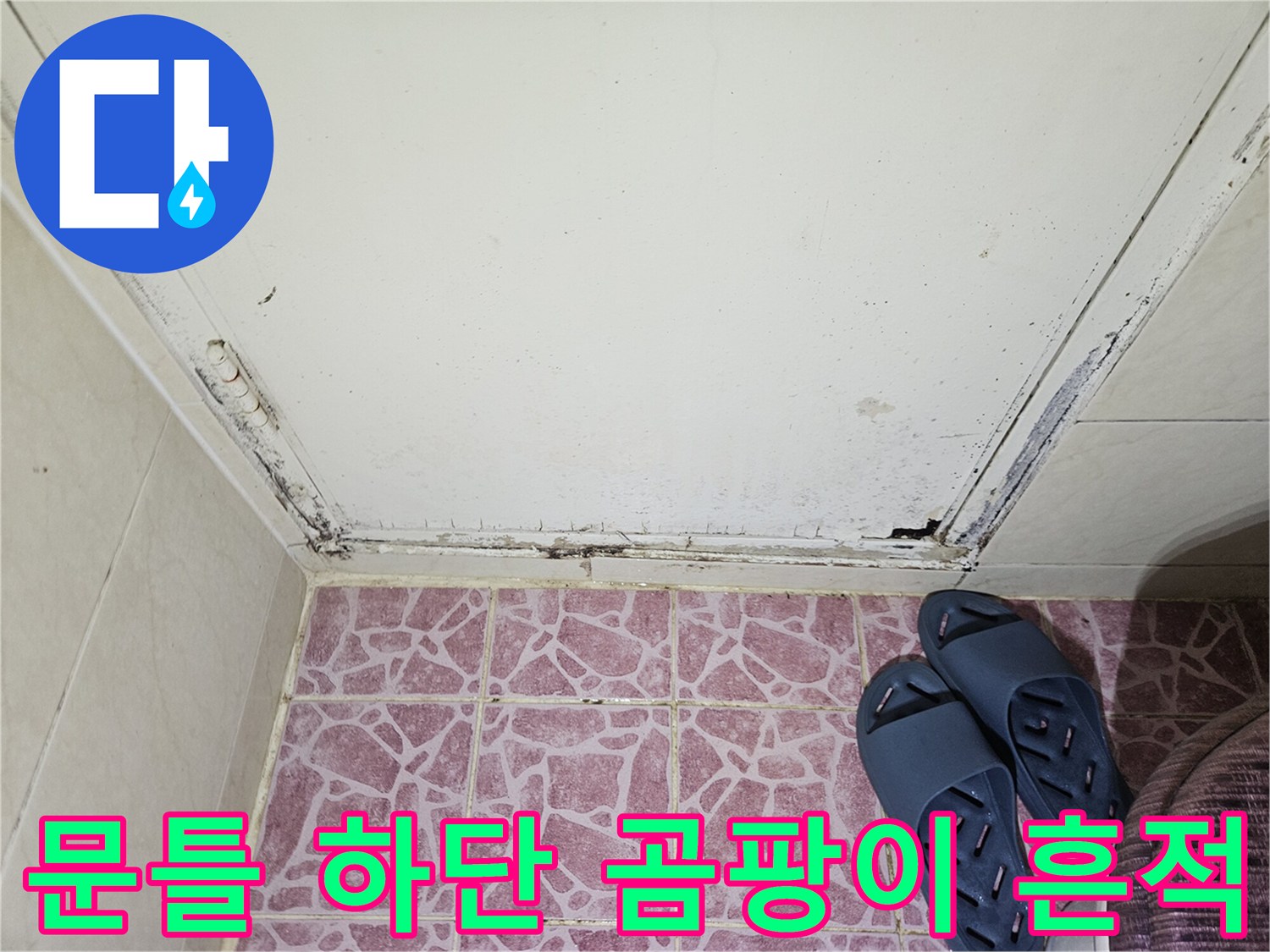 화장실 문턱 아래쪽의 검은 곰팡이와 변색된 마감재 부위