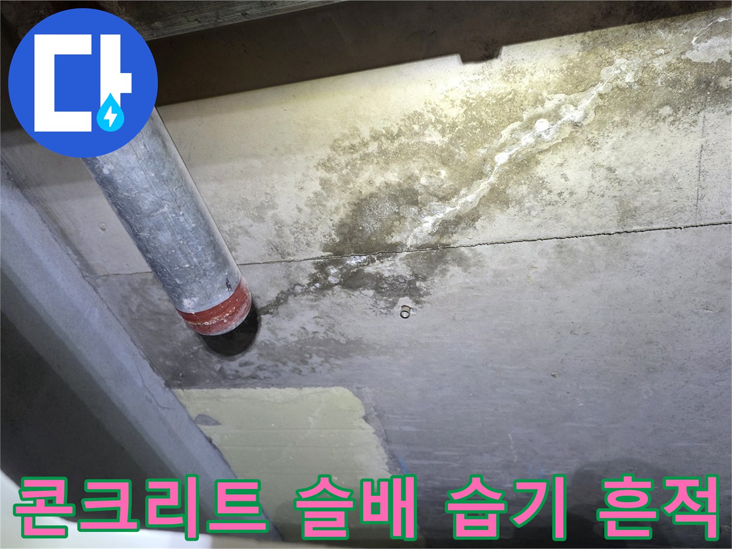 습기로 인해 얼룩진 콘크리트 천장 슬래브 표면