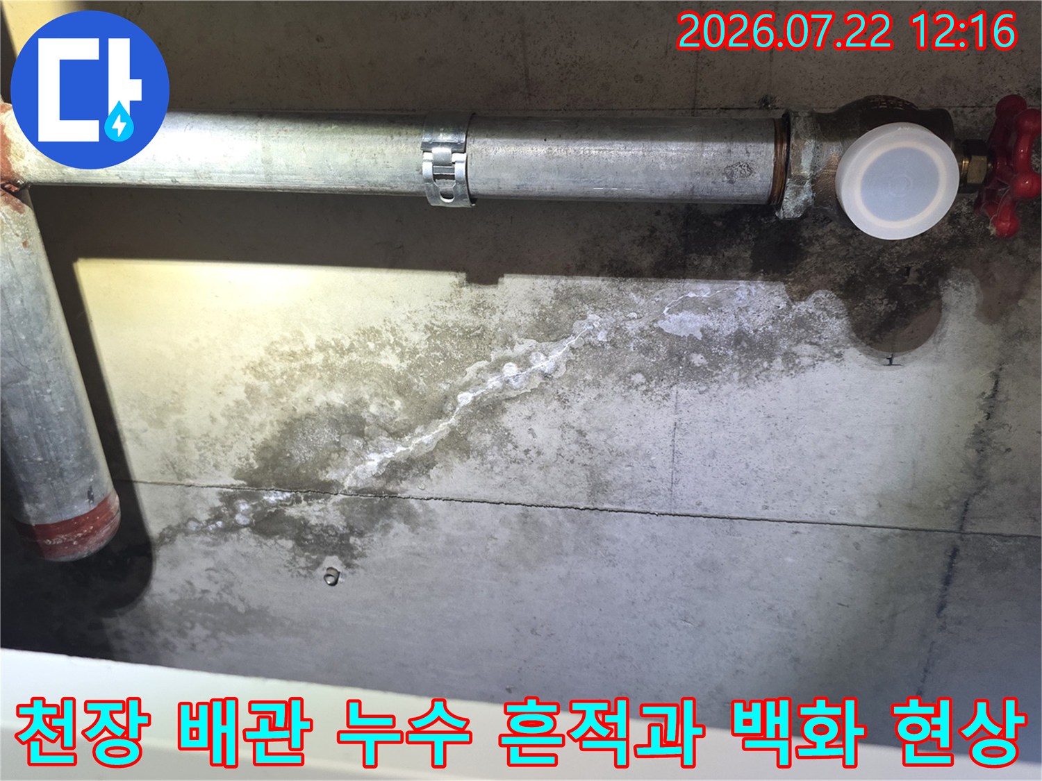 콘크리트 천장에 설치된 금속 배관-연결부에서 물이 흘러나와 하얀 백화 현상이 발생한 모습