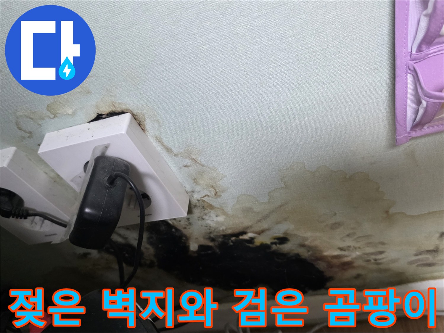 누수 발생 부위의 콘센트 주변 곰팡이 및 습기 오염 상태