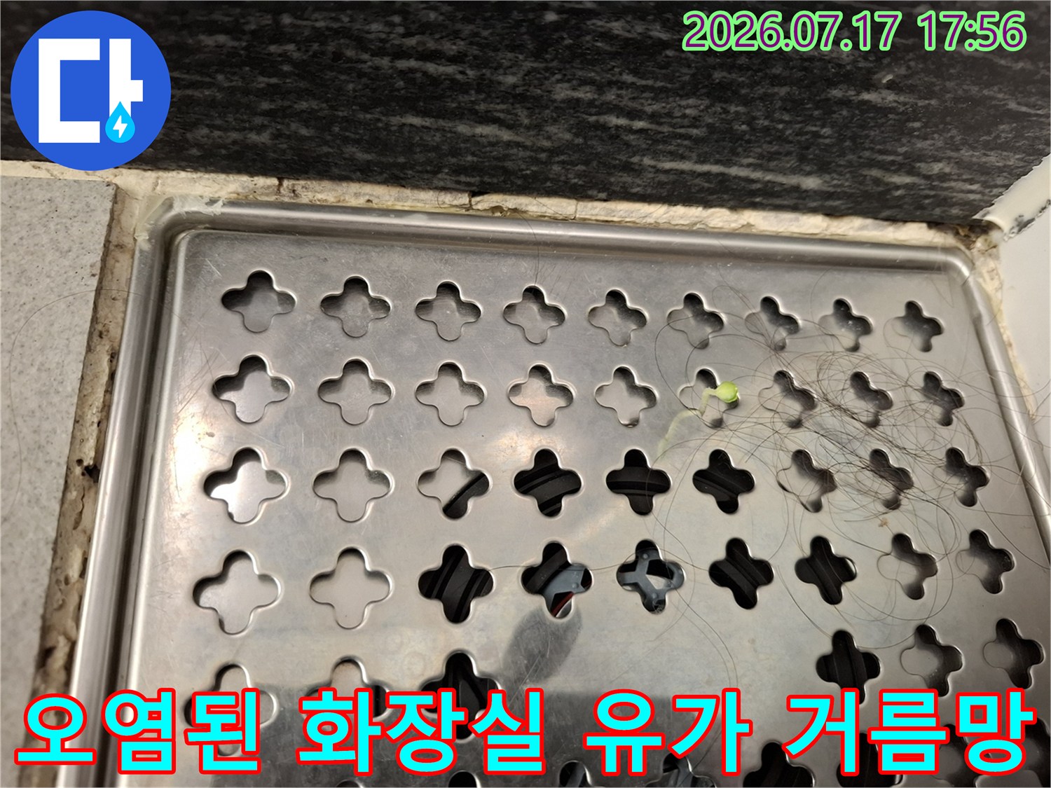 머리카락과 찌꺼기가 엉겨 붙어 있는-금속제 화장실 배수구 덮개 사진