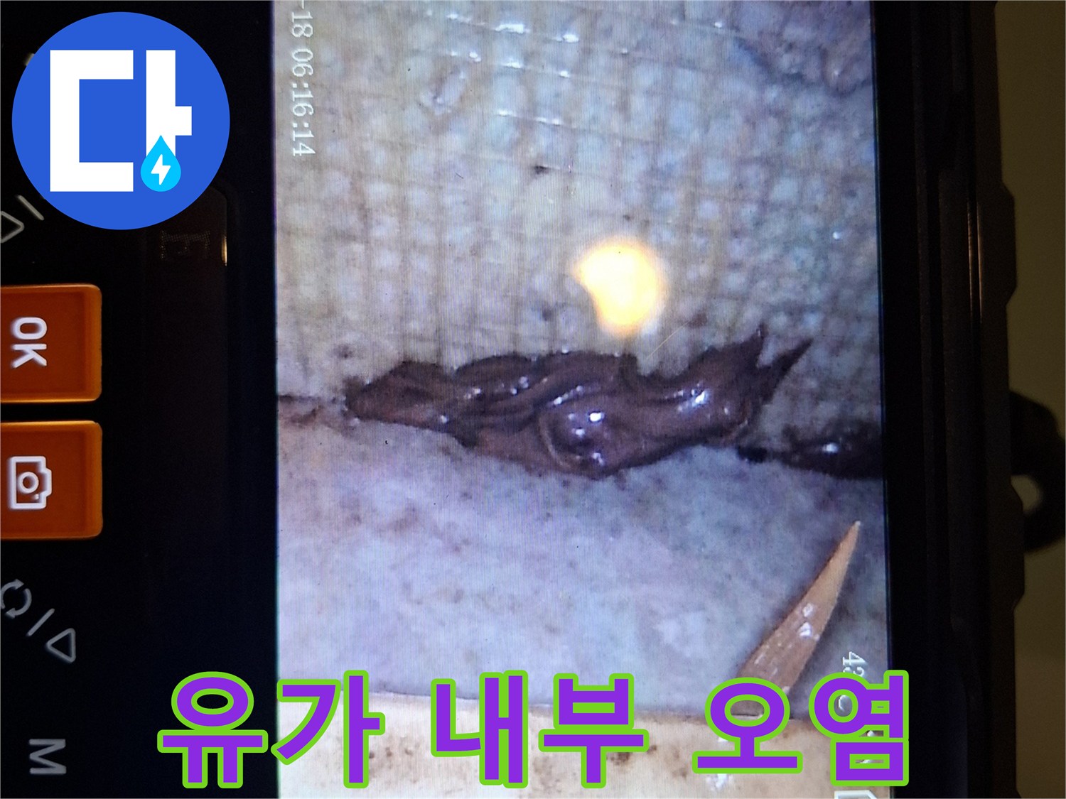 배수구 배관 주변의 물 고임과 오염된 상태를 보여주는 내시경 사진