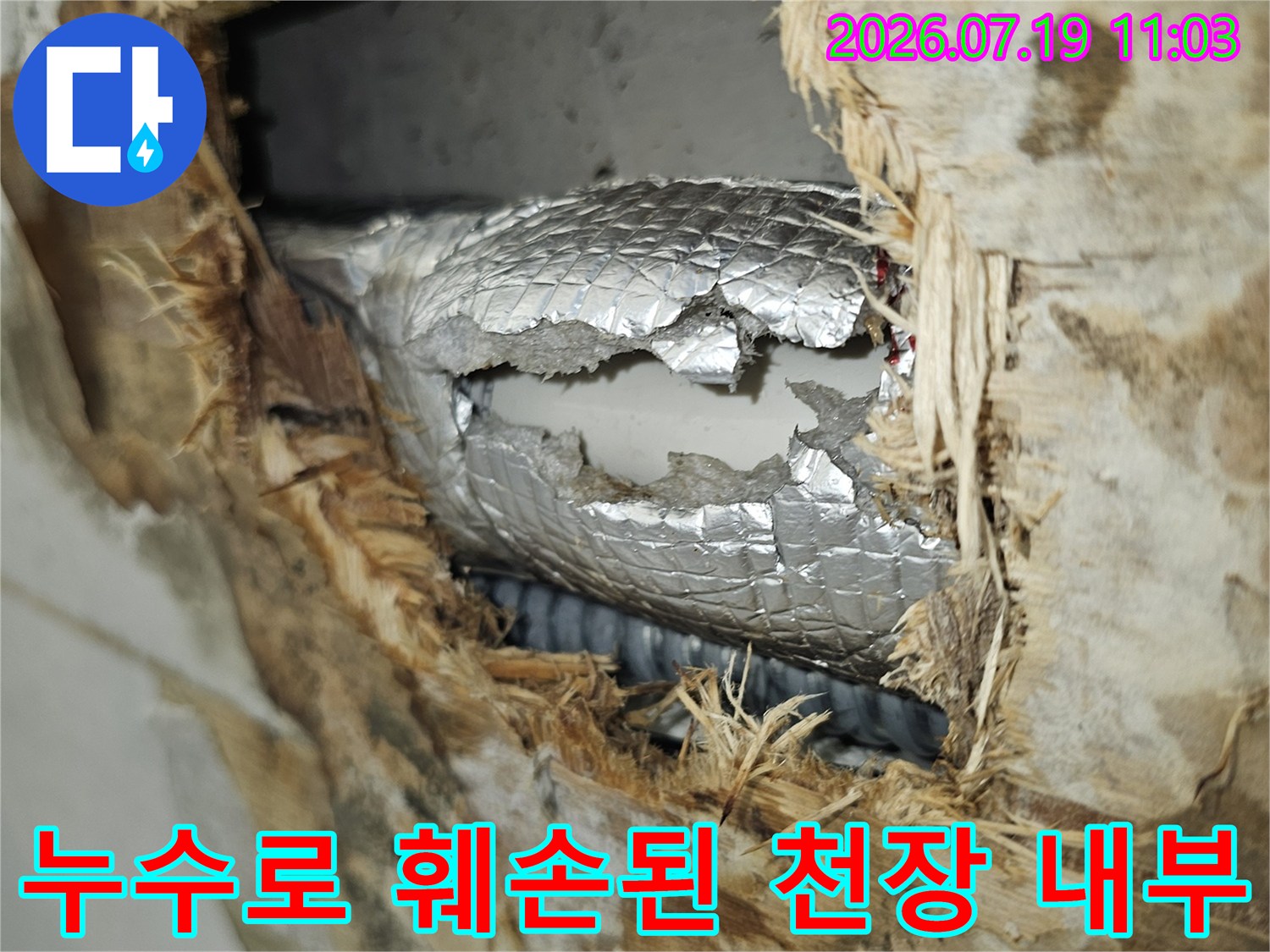 상도동-천장 마감재가 뜯겨 나간 틈으로 보이는 은색 보온 배관과 오염된 단열재
