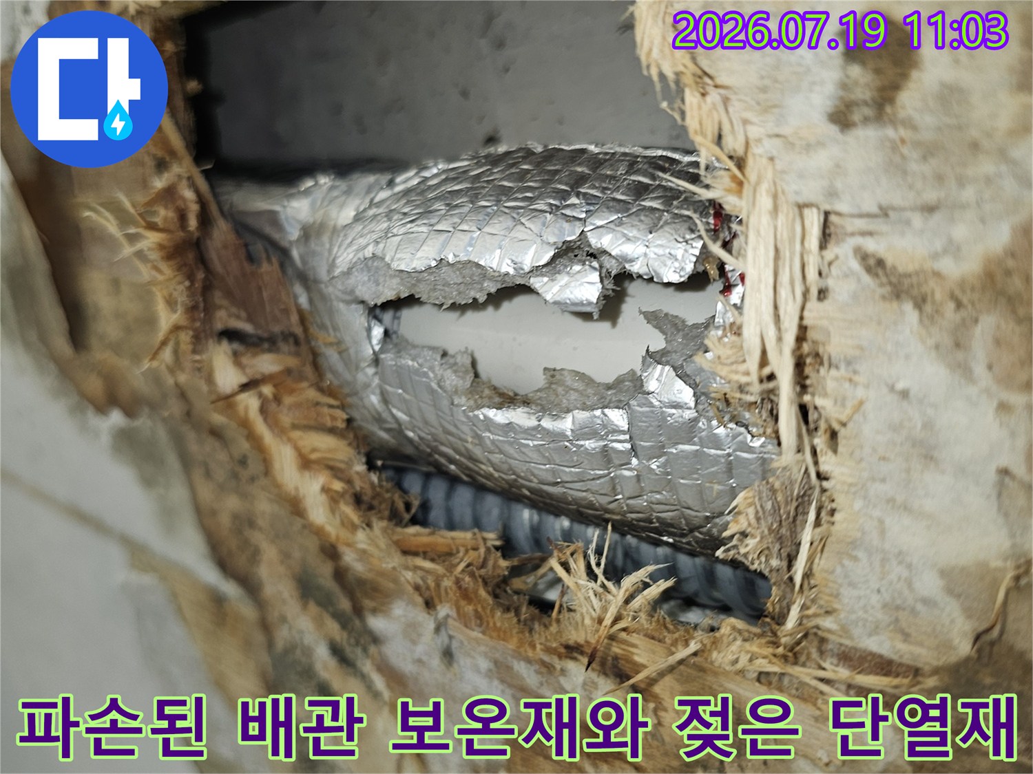 천장 마감재를 통해 들여다본 은색 배관 보온재의 파손 부위와 오염된 주변 자재들