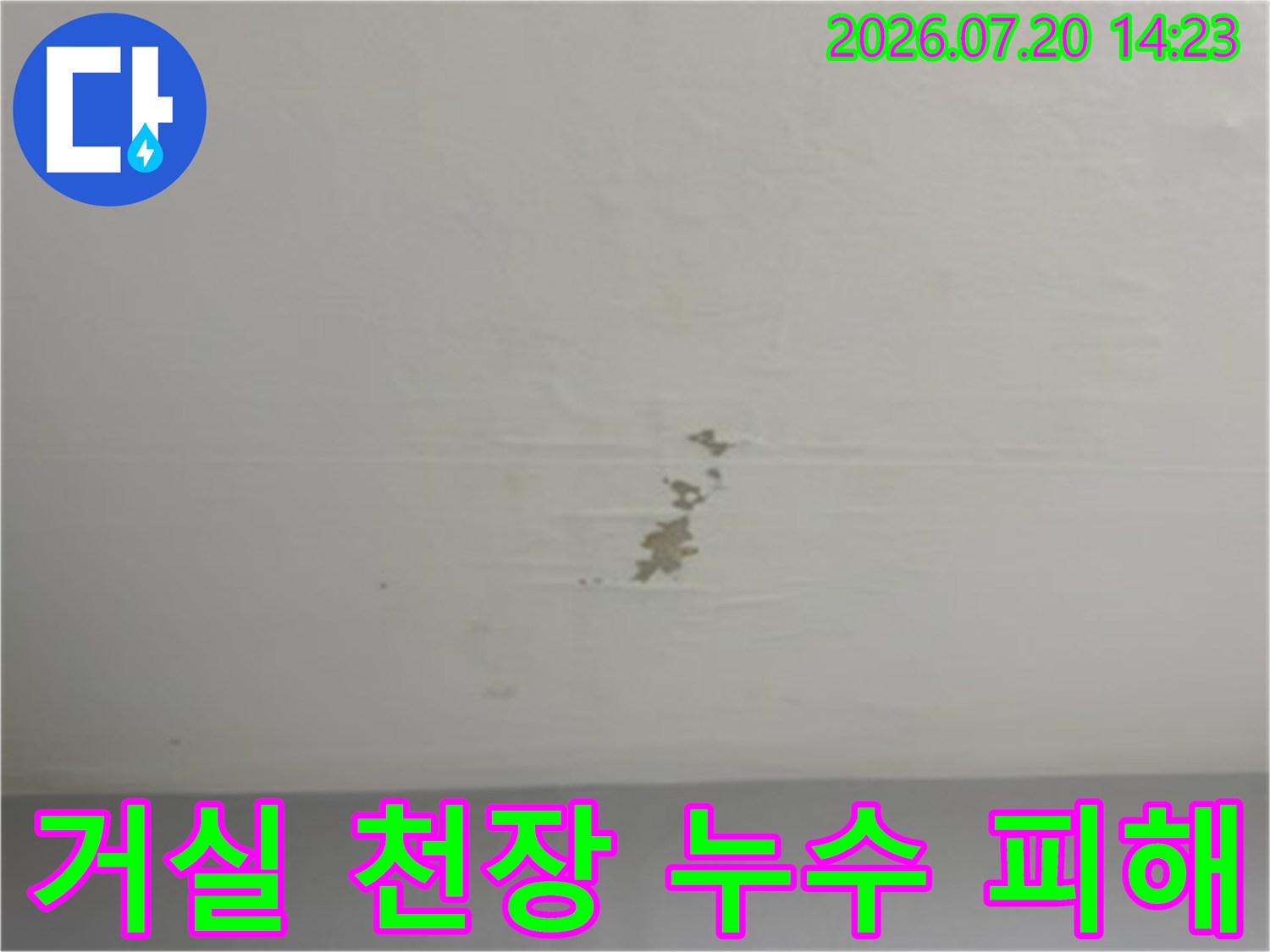 누수로 인해 도배지가 들뜨고 변색된 거실 천장 모습