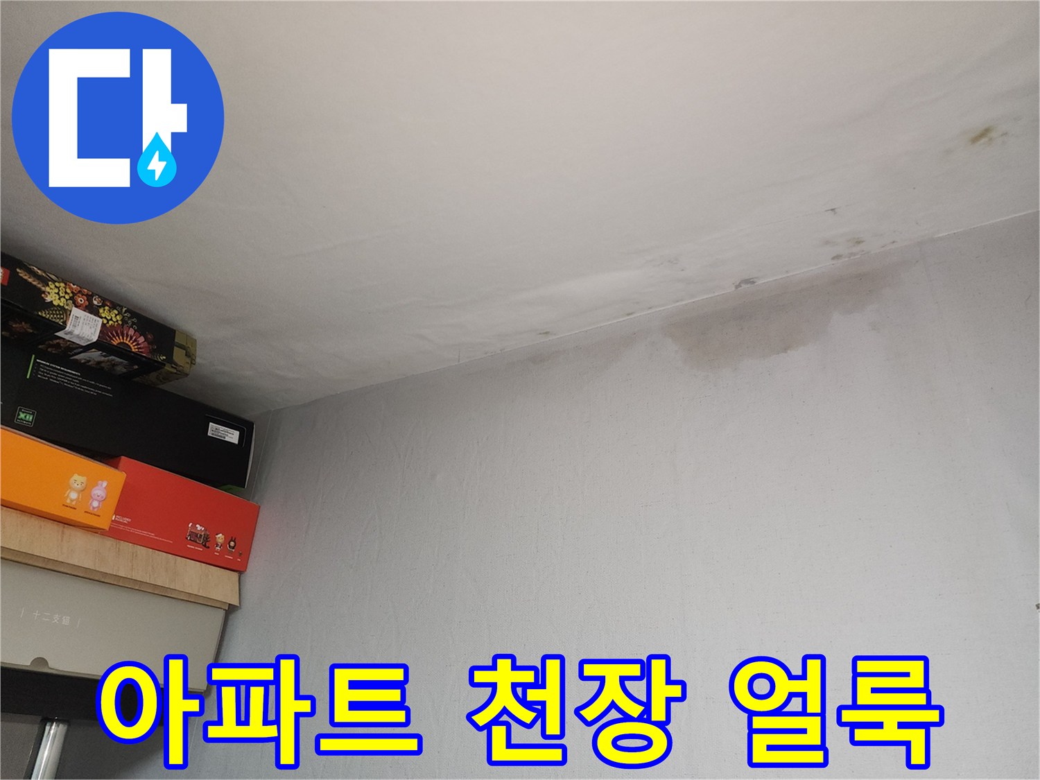 아파트 거실 천장에 발생한 넓은 범위의 누수 흔적과 물자국