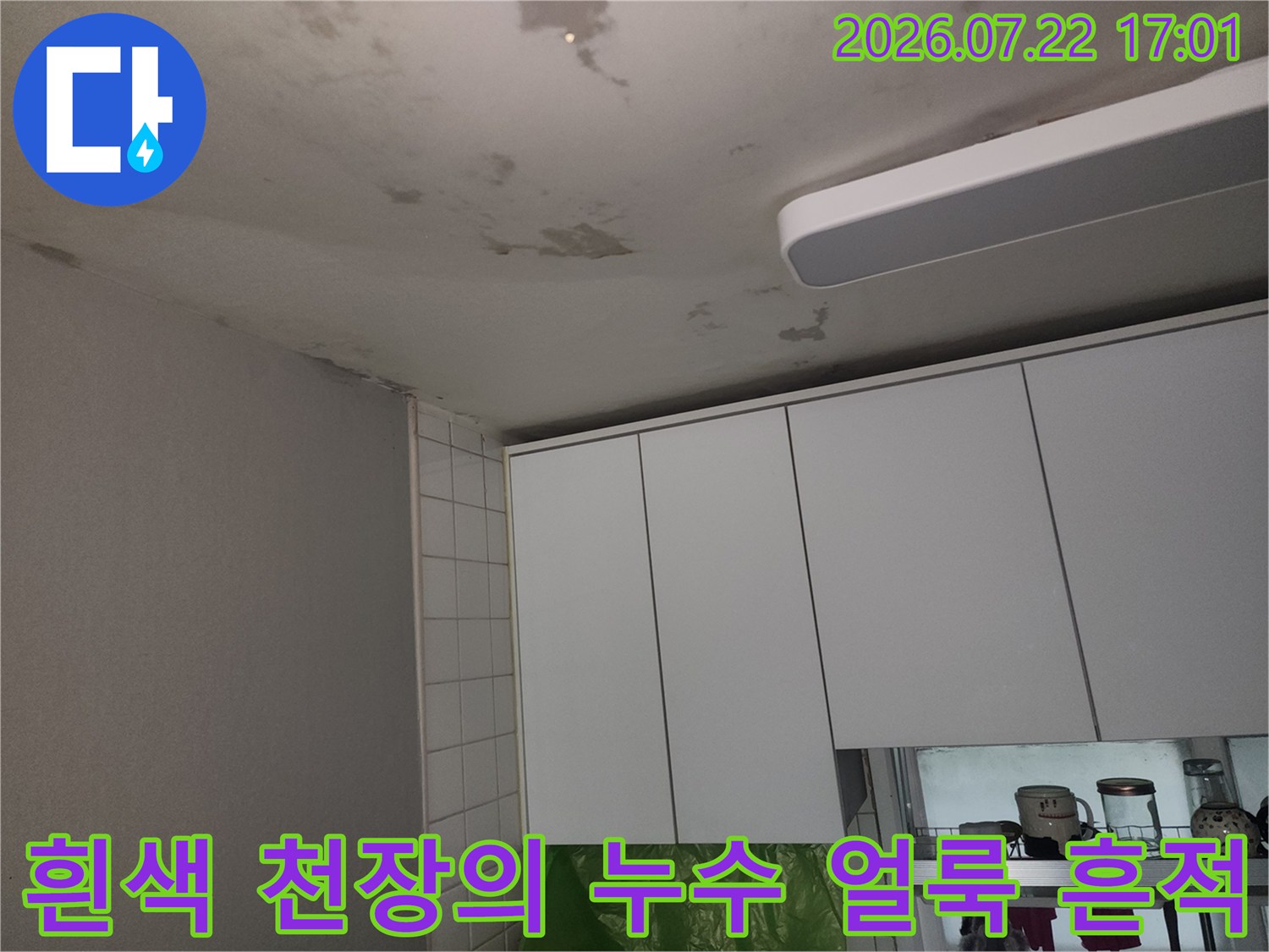 어두운 얼룩과 변색으로 고통받는 아파트 거실 천장