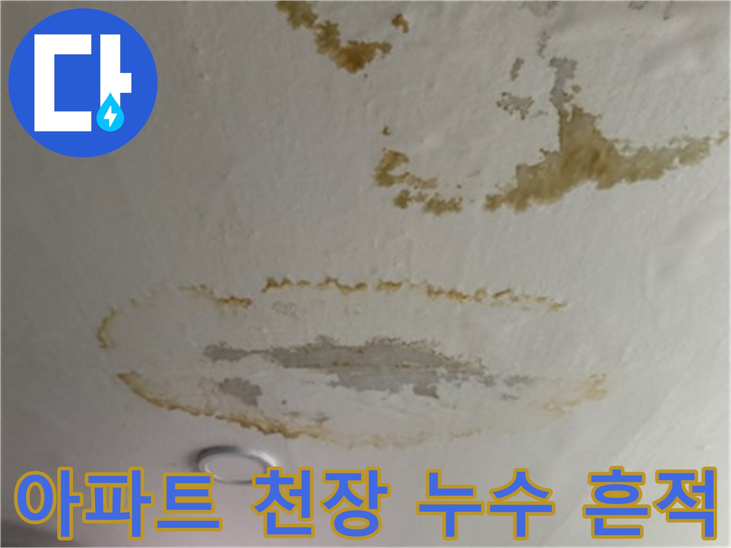 춘천 후평동 아파트 거실 천장에 발생한 갈색 물자국과 얼룩 상태