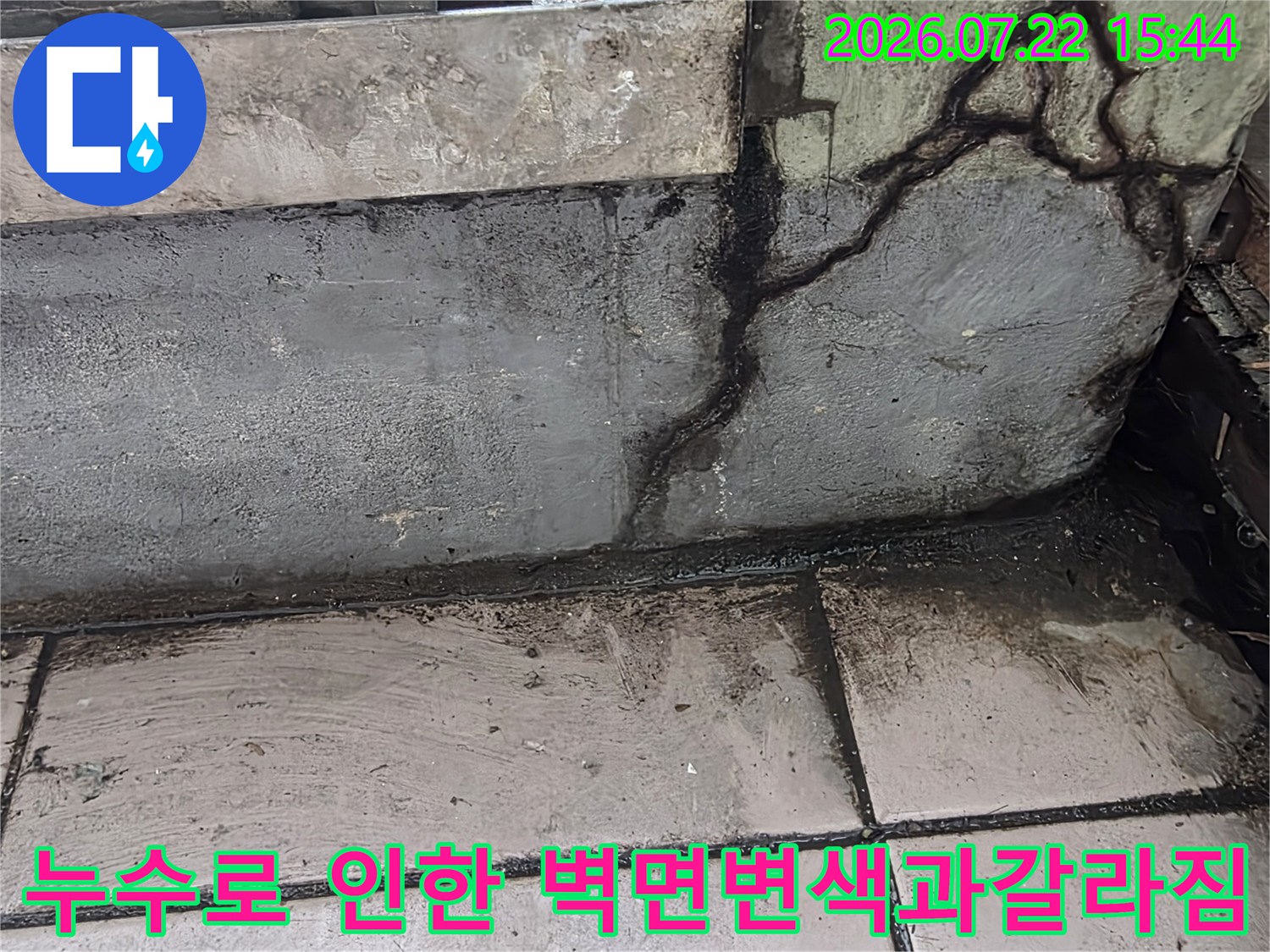 콘크리트 표면에 발생한 거친 균열-물샘으로 인해 검게 변한 부위