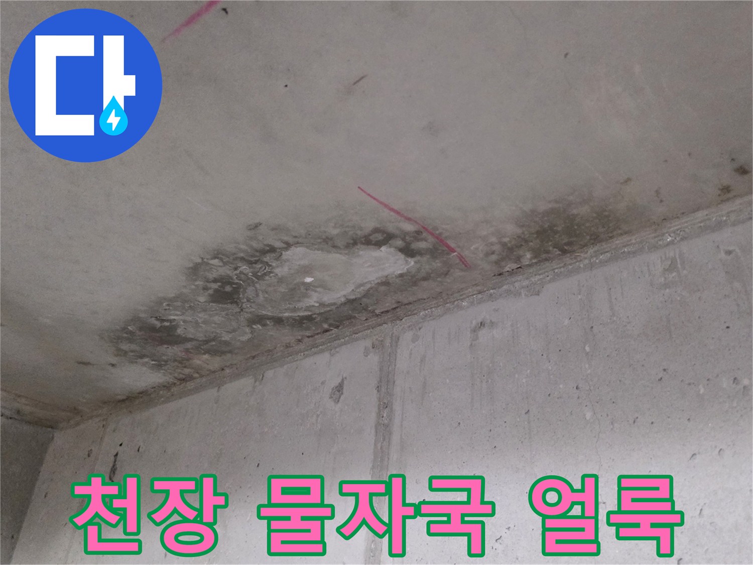 누수로 인해 변색된 천장 마감재 부위