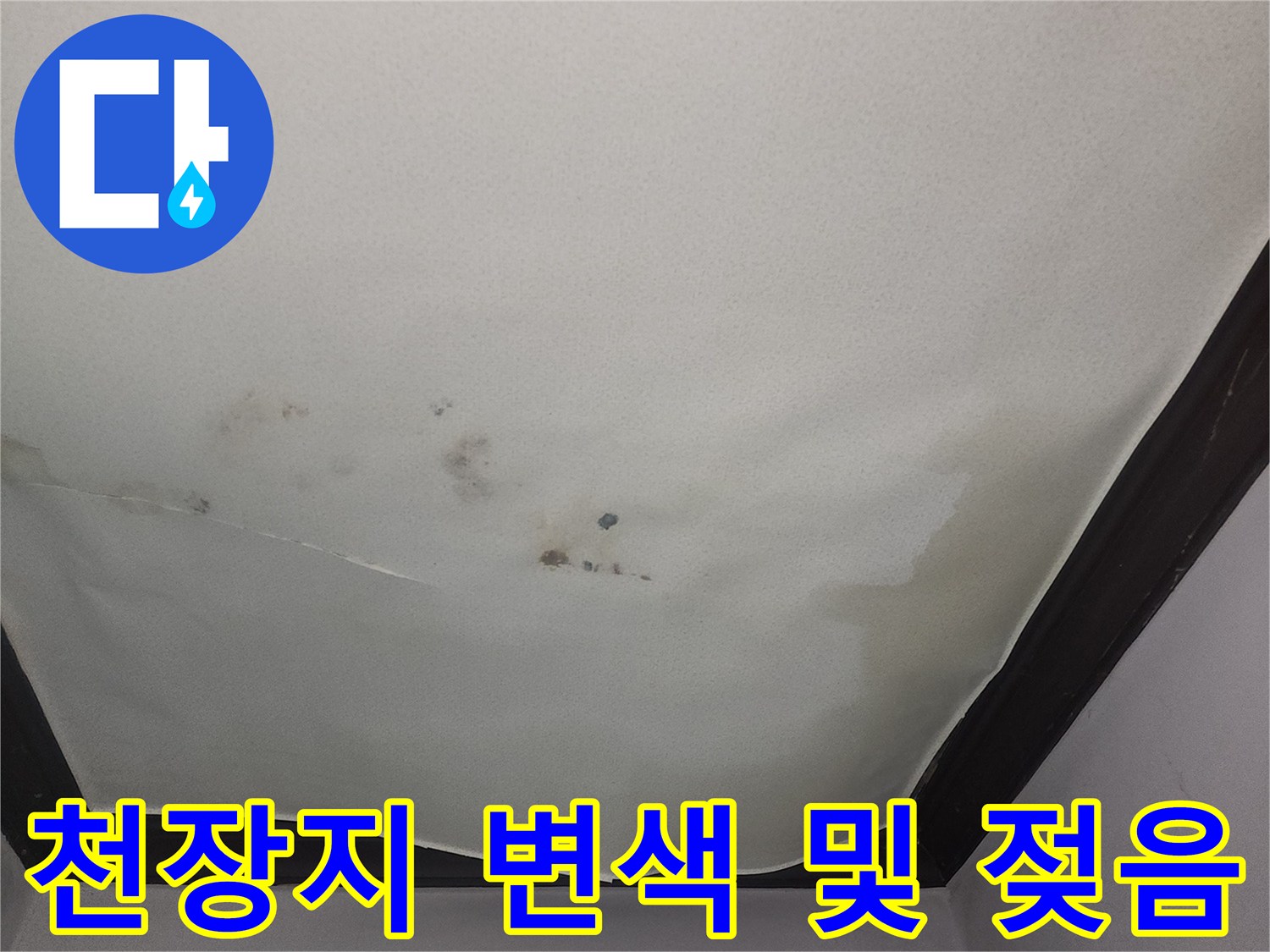 아랫집 거실 천장의 누수로 인해 벽지가 젖고 얼룩진 모습입니다.