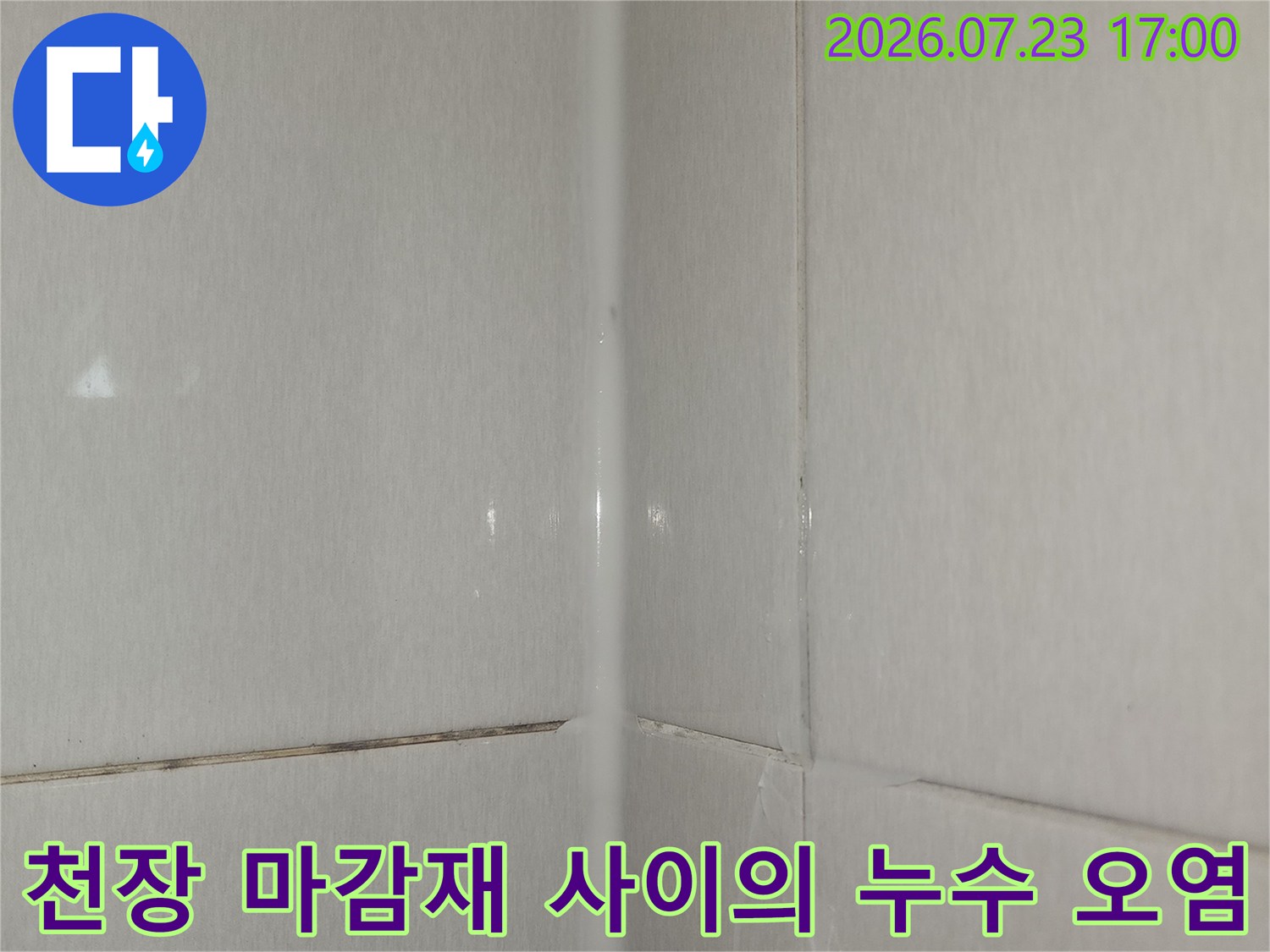 흰색 천장 패널 사이-누수로 인해 갈색으로 변색된 틈새 모습