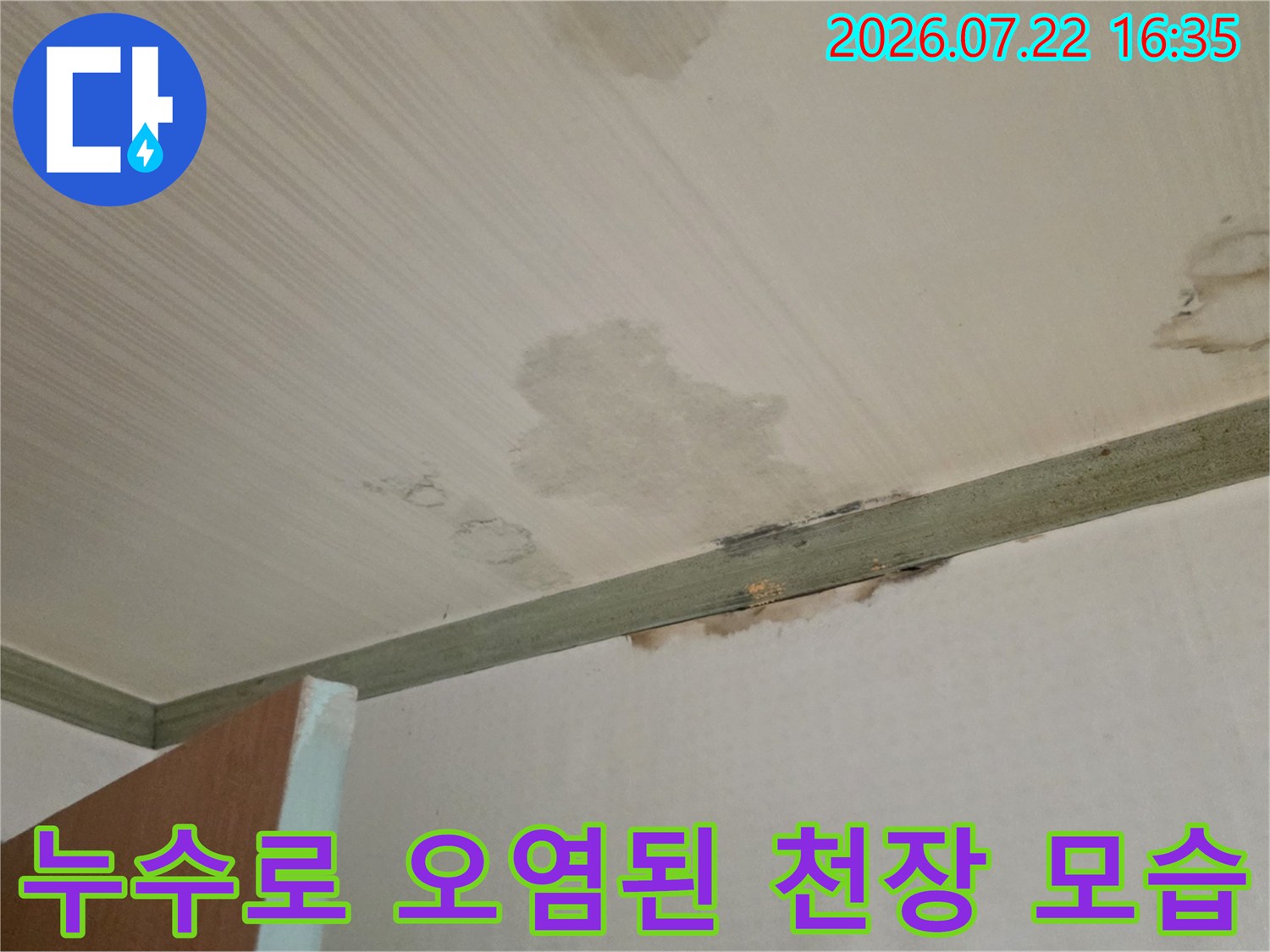 천장 몰딩 부근과 중앙에 발생한 누수 얼룩-물기가 스며들어 변색된 천장재