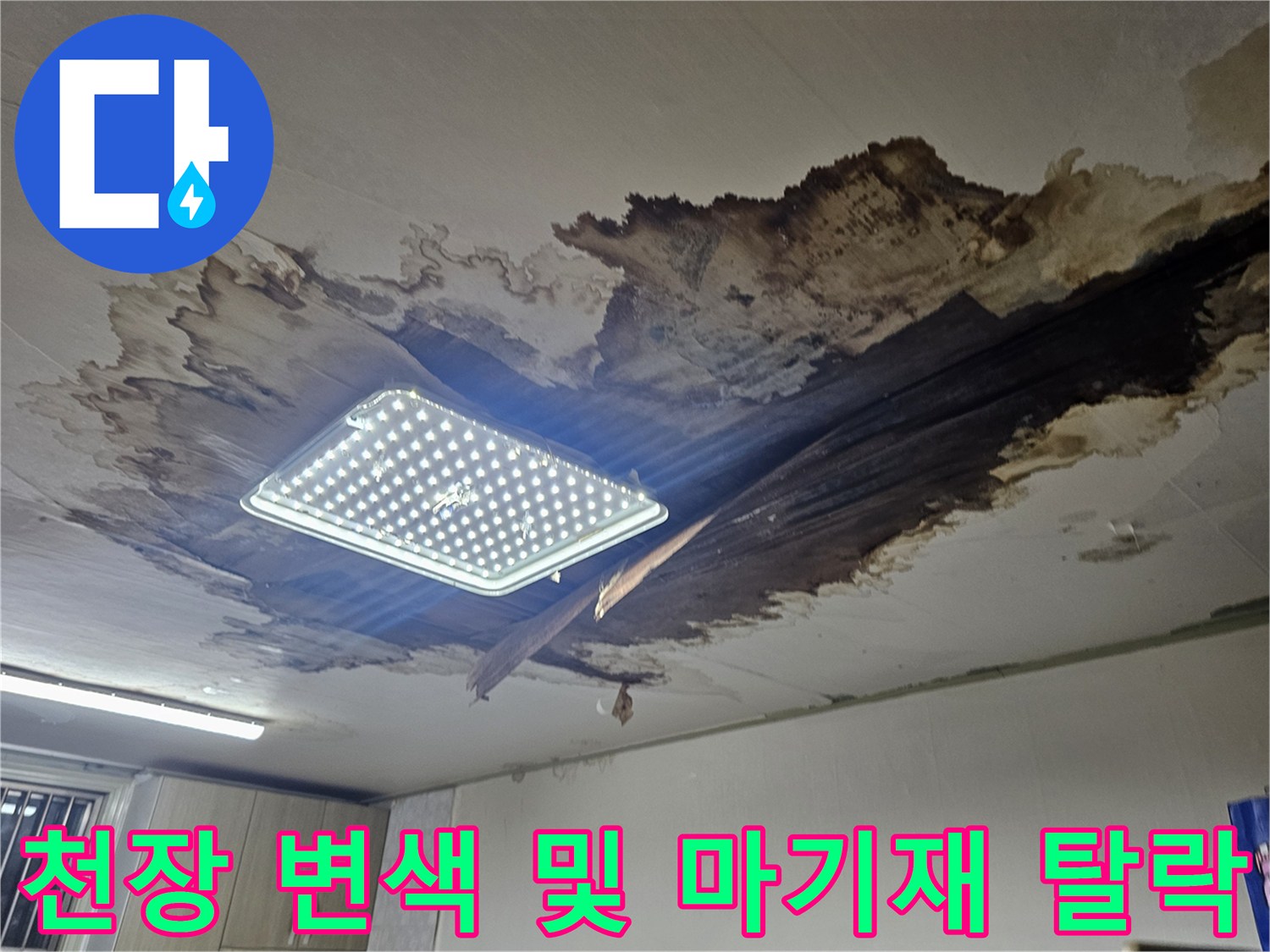 동작구 상도동 빌라-천장 마감재가 젖어 부풀어 오르고 변색된 모습