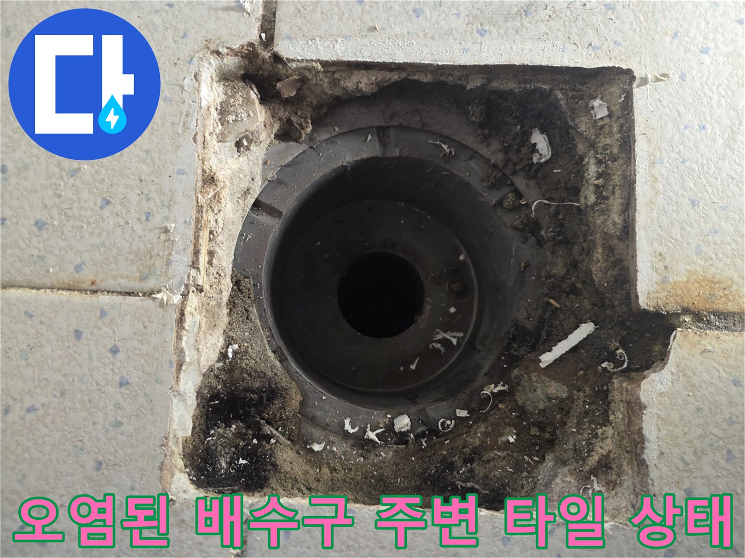 배수구 주변의 오염된 타일과 틈새를 근접 촬영한 사진