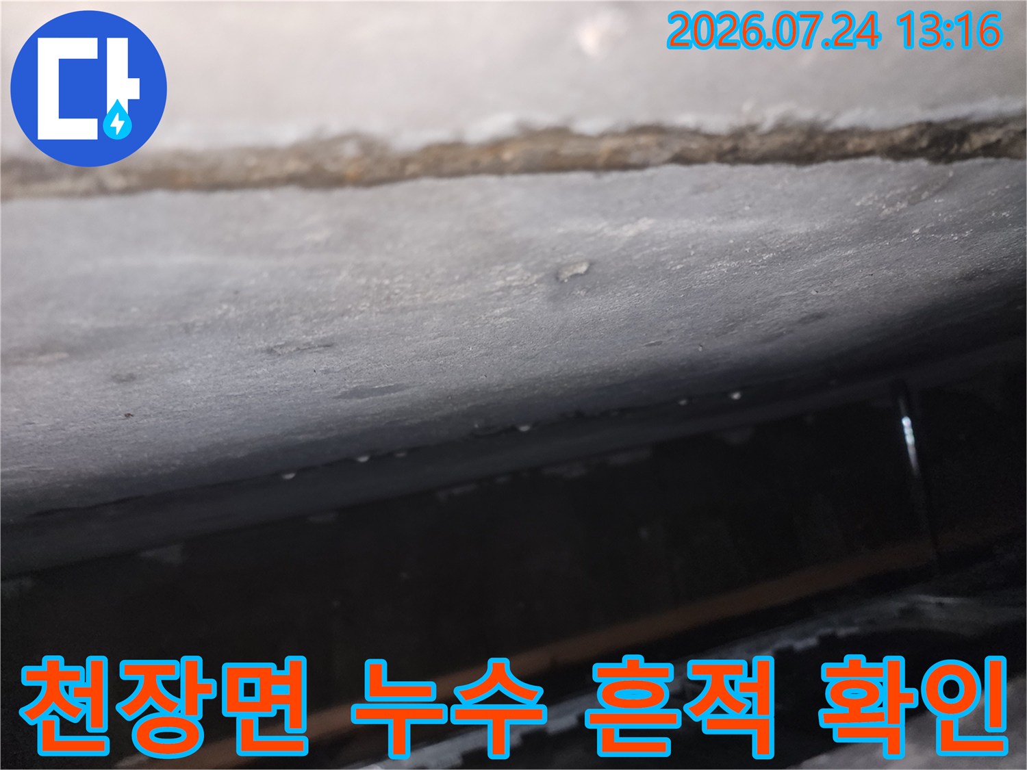 천장 마감재에 고인 물과 습기로 인한 변색 부위를 점검하는 모습