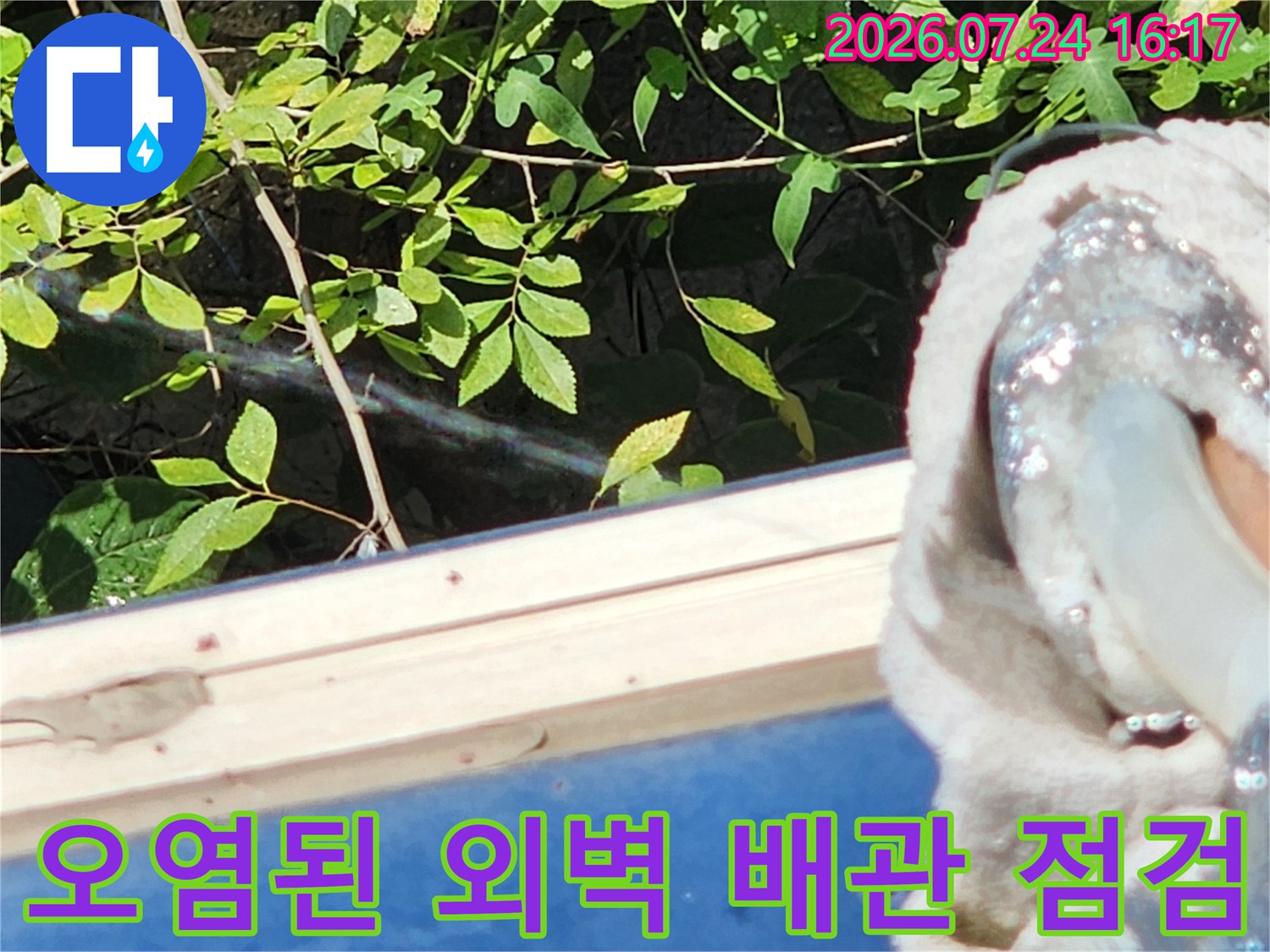 먼지 쌓인 외벽 노출 배관과 창틀 주변의 누수 진단 모습