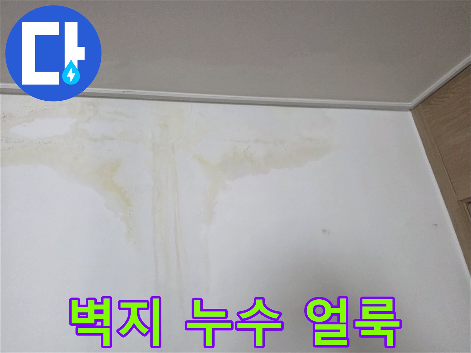 벽지에 발생한 노란색 물자국과 곰팡이 흔적