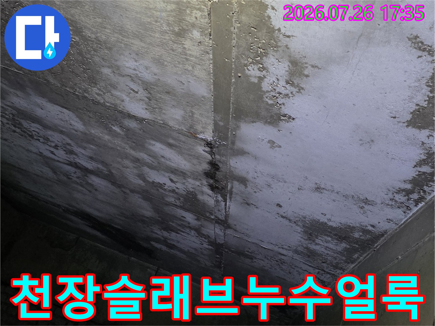 상가 건물 내부-천장 슬래브 표면에 발생한 넓은 범위의 물 얼룩과 습윤 상태
