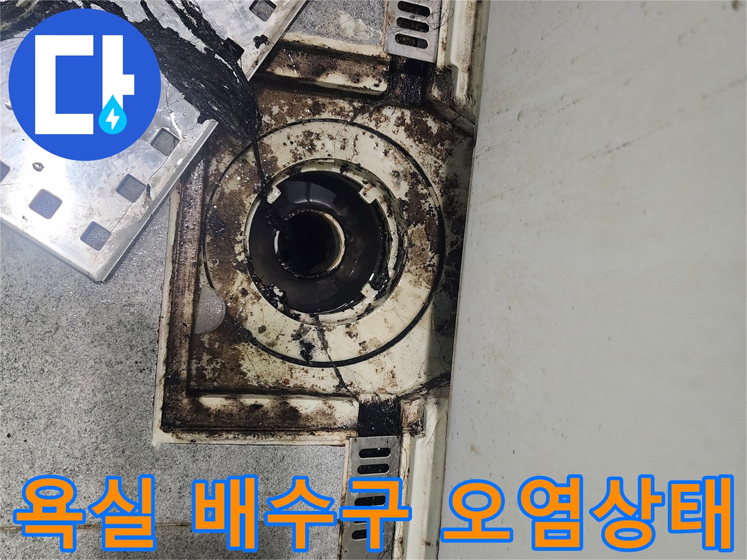 의정gsub배수구 주변에 검은색 곰팡이와 물때가 가득한 상태입니다