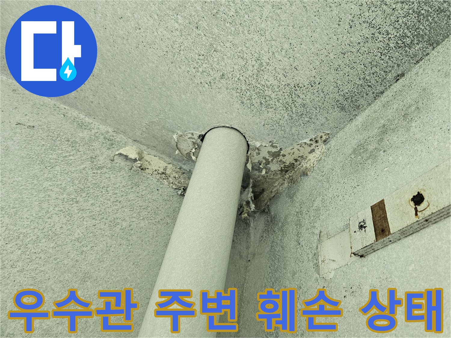 단원구 현장 - 우수관과 천장 경계의 변색된 마감재