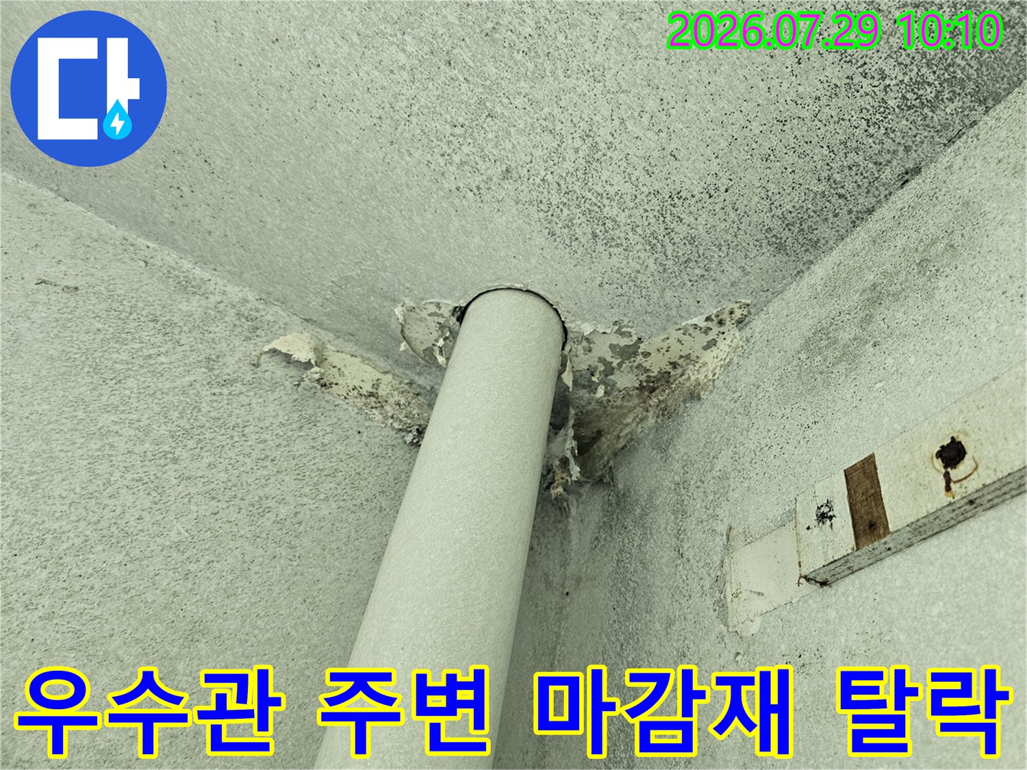 천장과 벽면이 만나는 우수관 부근의 훼손된 마감재를 촬영한 사진