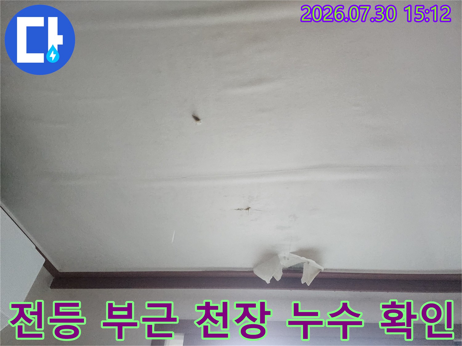 전등 주변으로 번진 누수 흔적과 젖은 천장 마감재의 상태
