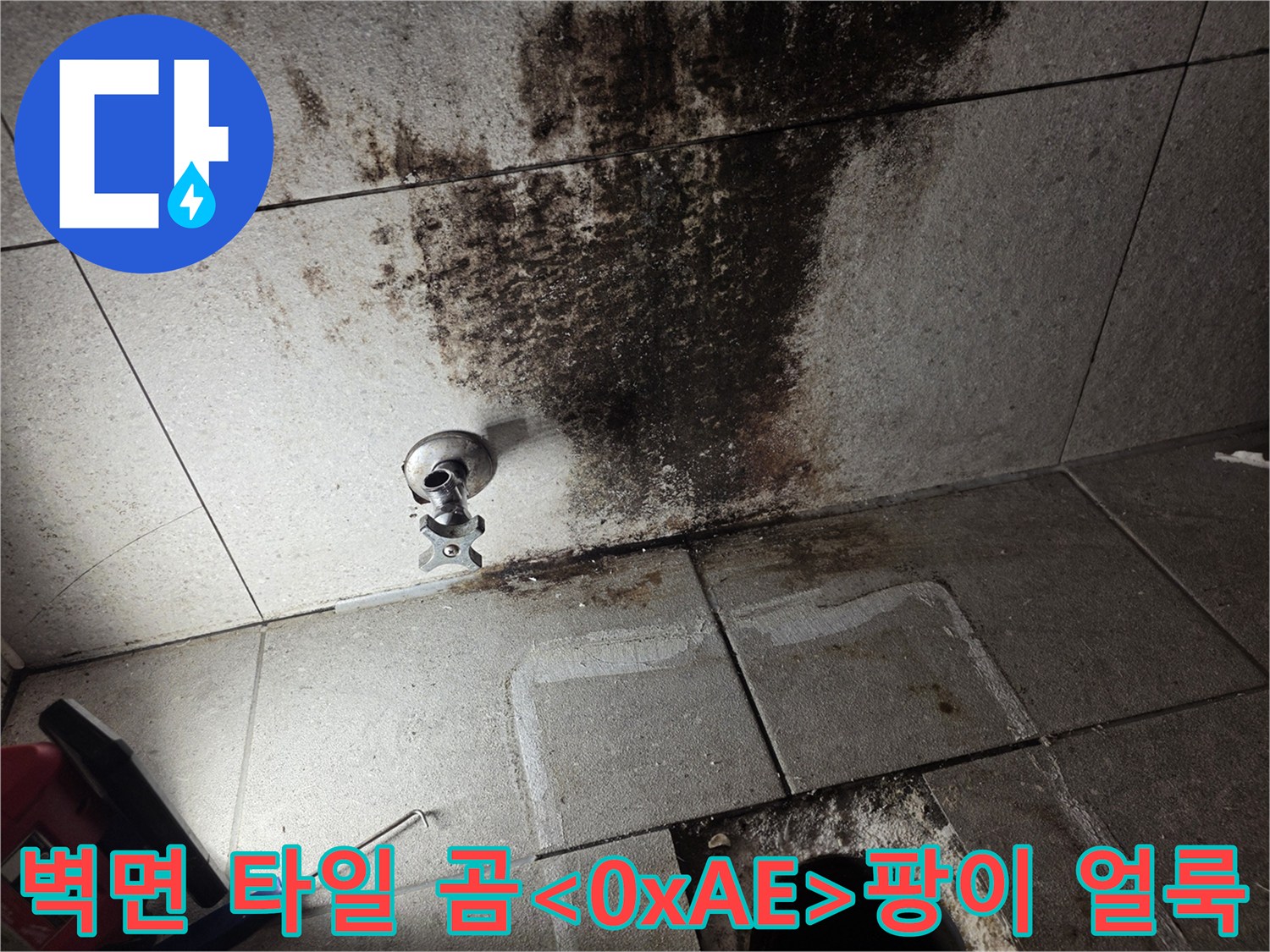 물샘으로 인해 변색되고 곰팡이가 생긴 타일 벽면