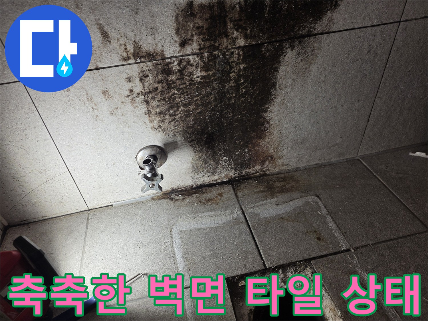 오염과 습기가 가득한 변기 주변 타일 벽면