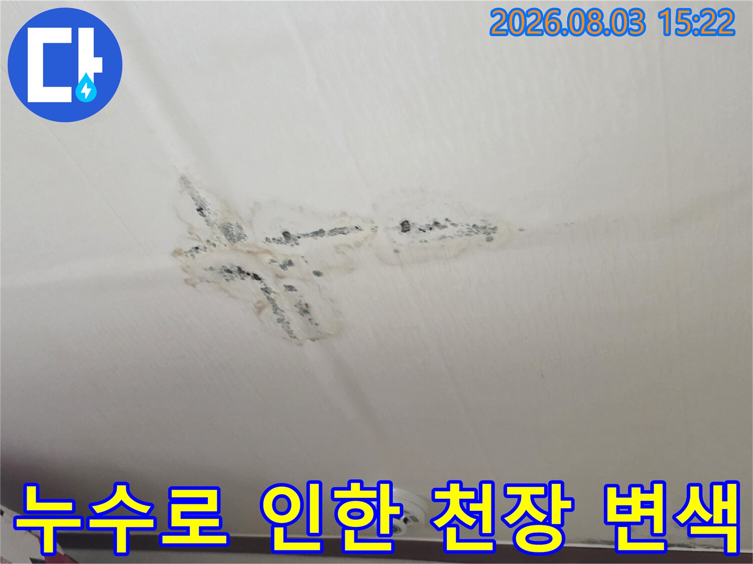 배관 누수의 증거로 남아있는 천장의 얼룩과 오염부위 사진