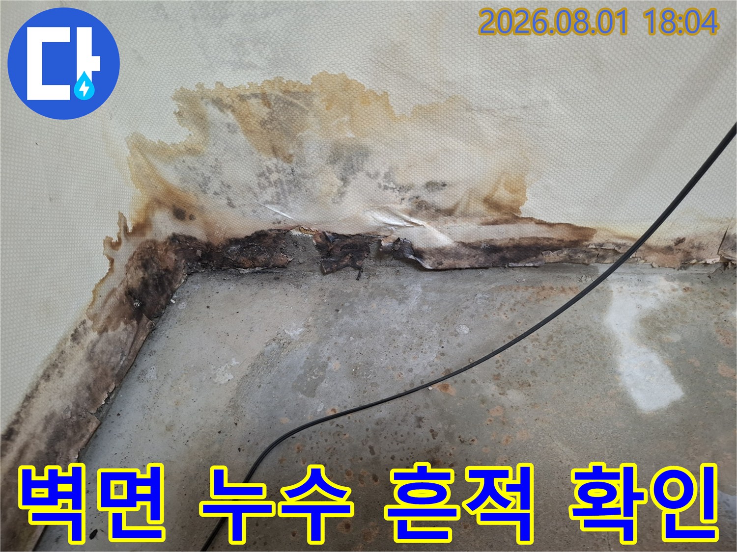 벽면에 발생한 습기 및 갈색 얼룩과 손상된 마감재