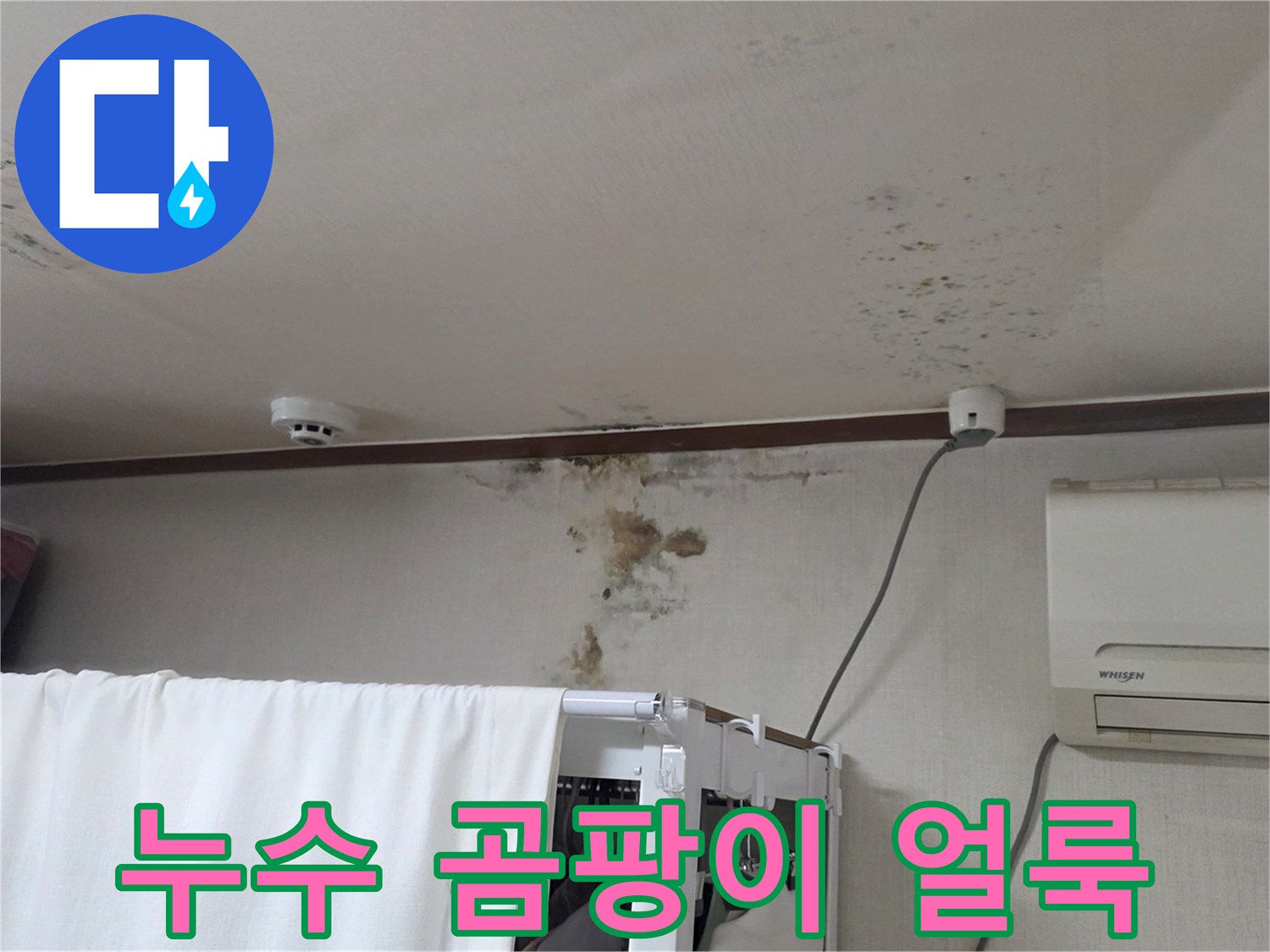 천장 마감재에 나타난 누수 흔적과 습기로 인한 변색 부위 상세