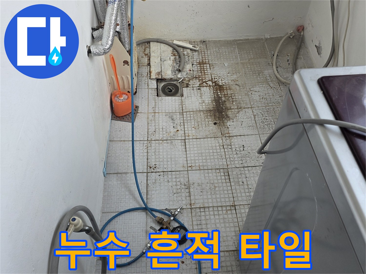 습기로 인해 변색되고 곰팡이가 발생한 세탁실 타일 벽면