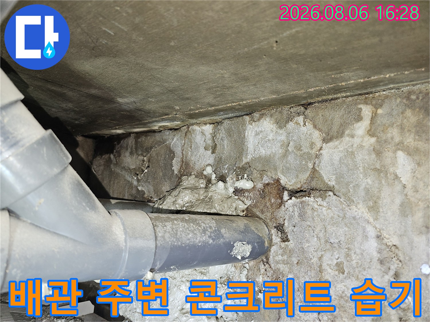 배수관 아래 천장 콘크리트의 습기와 오염된 표면