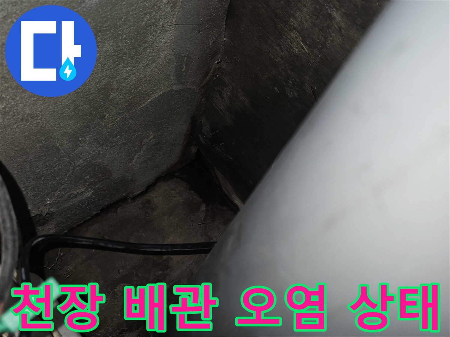 천장 하수관 주변-배관 근처의 젖은 흔적과 오염된 마감재