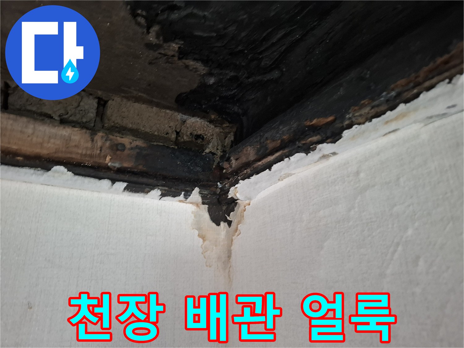안양동 현장-천장 배관 주변의 검은색 물 자국과 변색된 벽면 상태