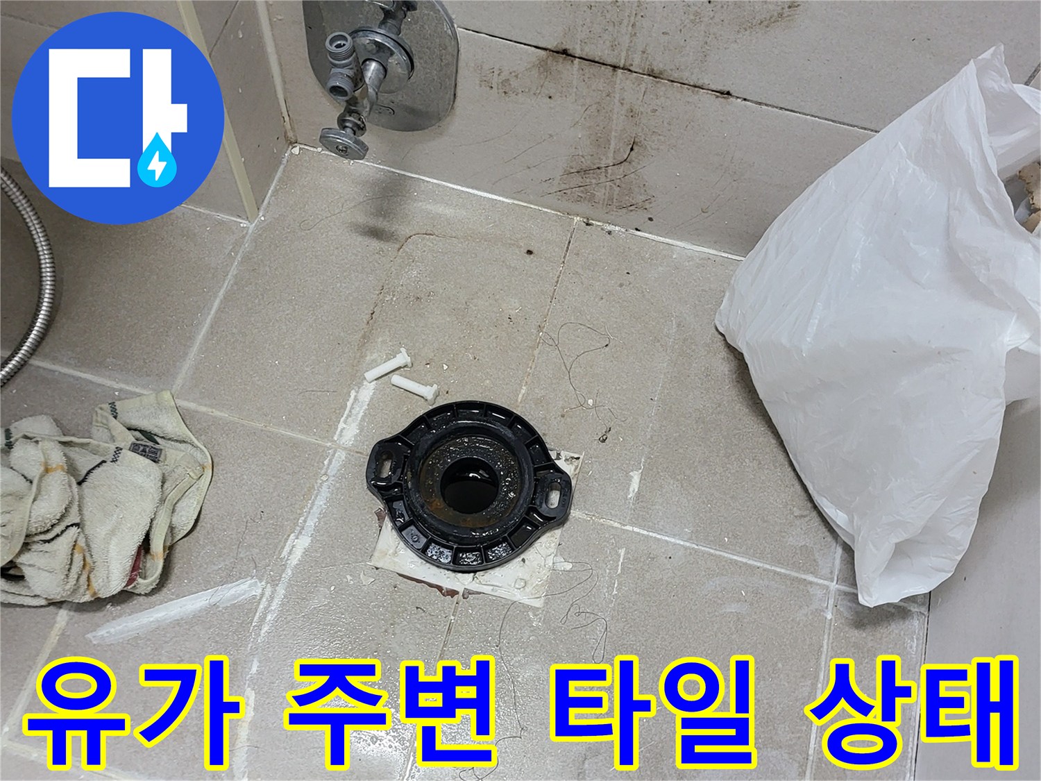화장실 배수구-탈거된 유가와 주변 타일의 오염 상태