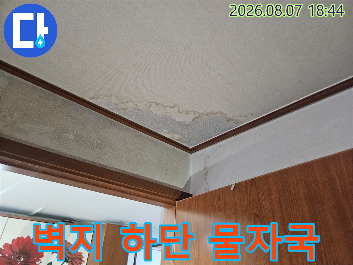 아파트 벽면-가구 아래쪽으로 번진 누수 흔적과 습기 상태