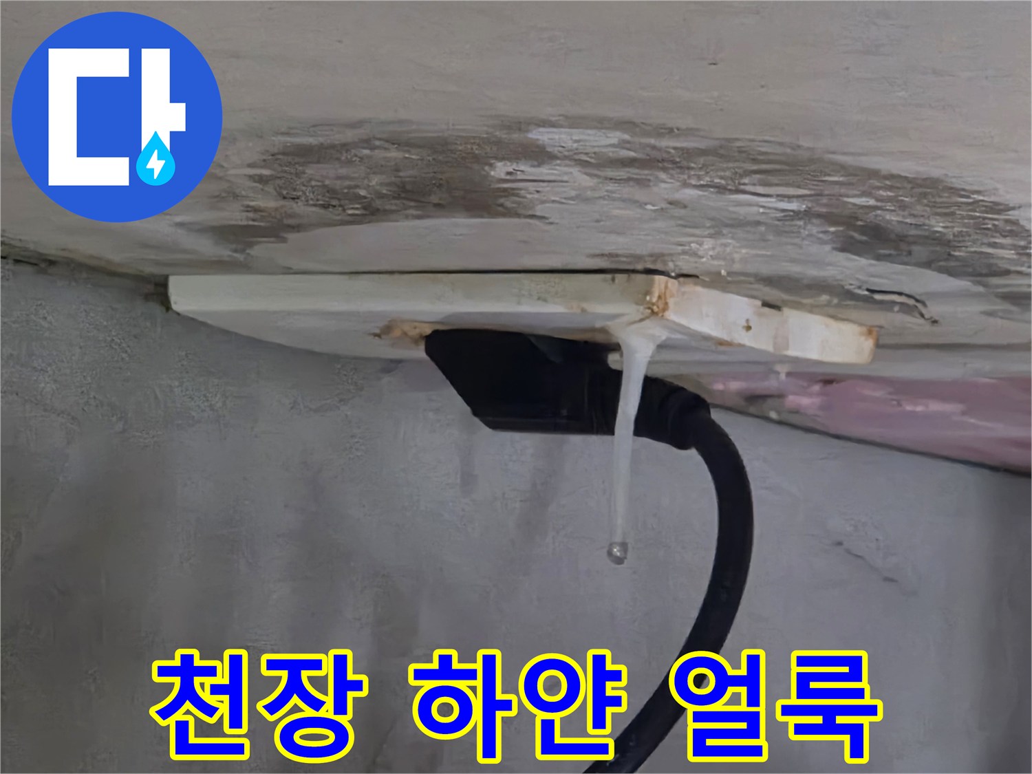 천장 슬라브 면에 하얗게 번진 석회 침전물 흔적