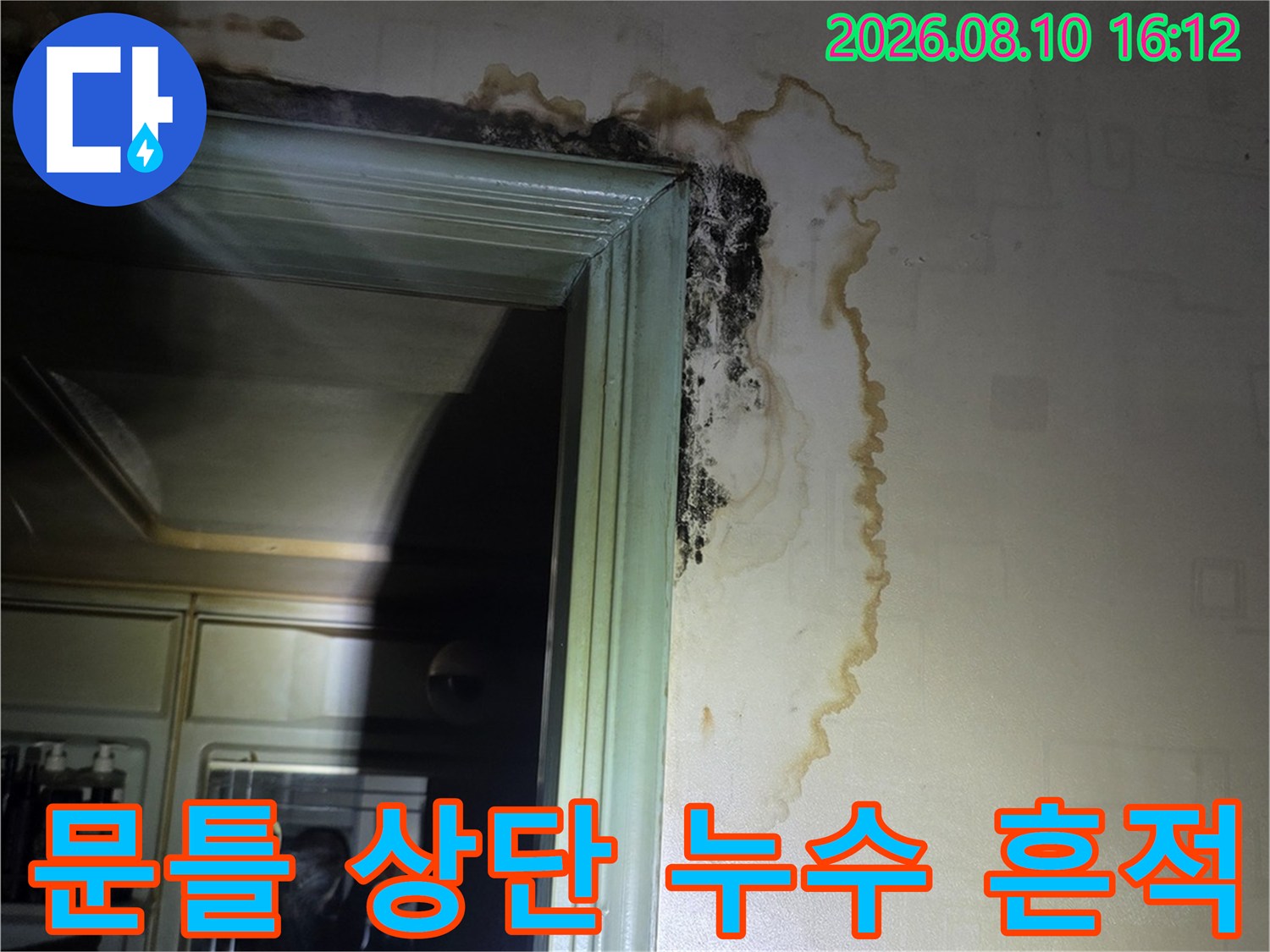물 번짐과 곰팡이가 나타난 문틀 상단 벽면의 모습