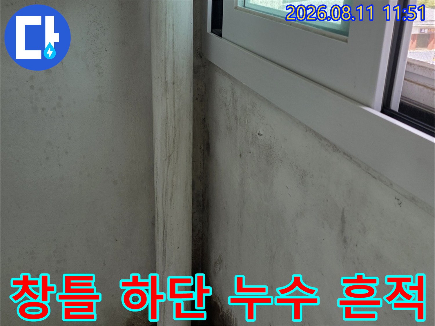 창틀 프레임 주변의 젖은 벽면과 천장 모서리 곰팡이 사진